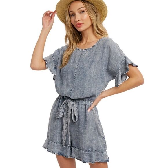 Acid Wash Ruffle Hem Romper - Picture 3 of 4